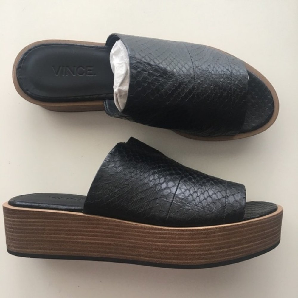 Vince | Black Embossed Snakeskin Platform Slides 7